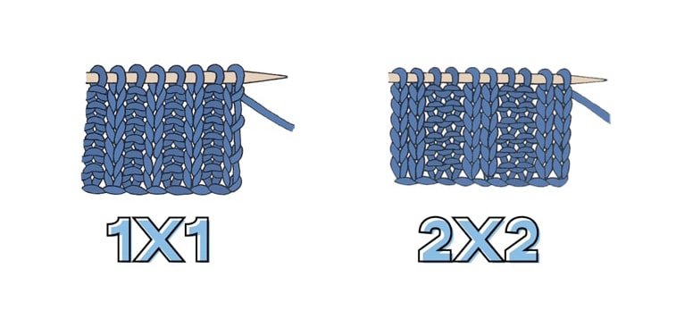 rib knitting 1x1 2x2 tutorial