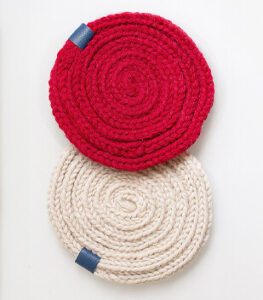 two round knit potholders