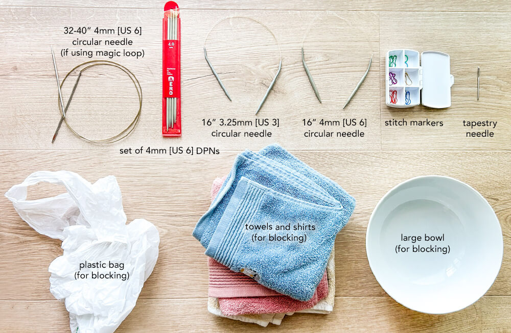knitting needles, notions and other supplies for the cables and lace hat